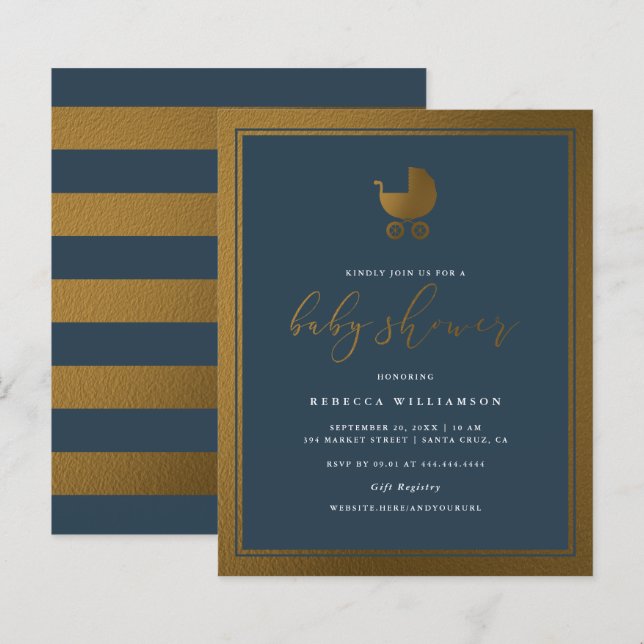 Lámina Baby Shower de Pram Boy Pram Blue Gold de la Marin (Anverso / Reverso)