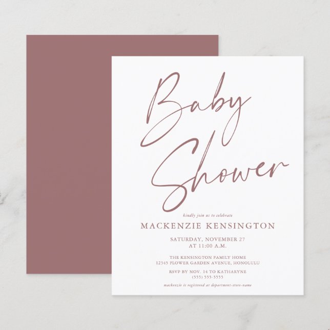 Lámina Baby Shower de script manuscrito moderno de presup (Anverso / Reverso)