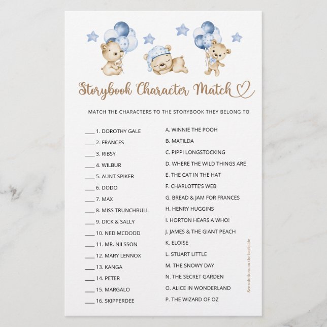 Lámina Baby Shower de Storibook Character Match Bear Boy (Anverso)