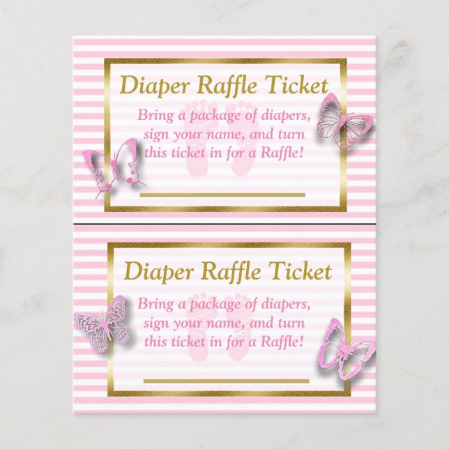 Lámina Baby Shower Diaper Raffle con mariposa rosa y dora (Anverso)