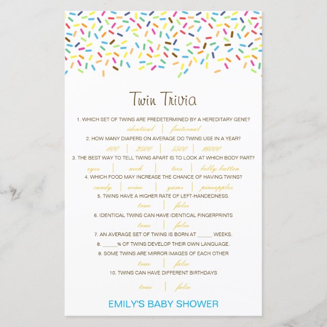 Lámina Baby Shower editable Baby Twin Trivia con respuest (Anverso)
