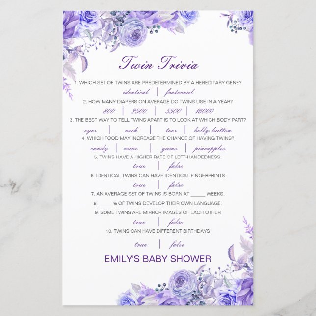 Lámina Baby Shower editable Baby Twin Trivia con respuest (Anverso)