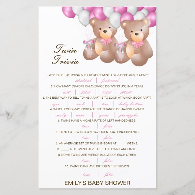 Lámina Baby Shower editable Baby Twin Trivia con respuest (Anverso)