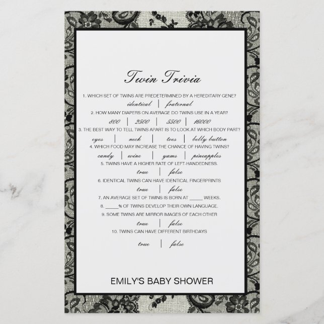 Lámina Baby Shower editable Baby Twin Trivia con respuest (Anverso)