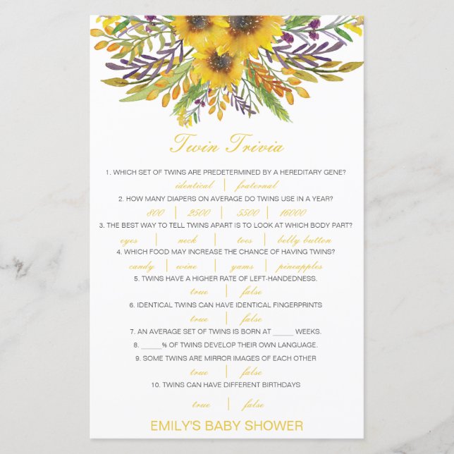 Lámina Baby Shower editable Baby Twin Trivia con respuest (Anverso)