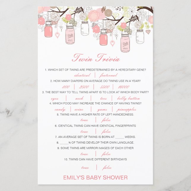 Lámina Baby Shower editable Baby Twin Trivia con respuest (Anverso)