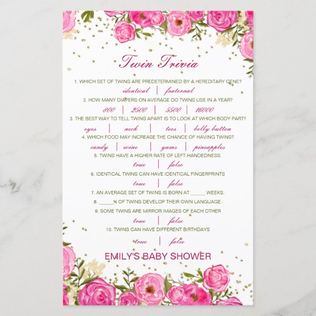 Lámina Baby Shower editable Baby Twin Trivia con respuest (Anverso)
