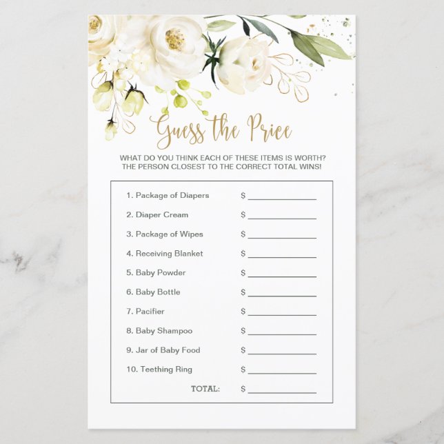 Lámina Baby Shower Floral adivina el juego de los precios (Anverso)