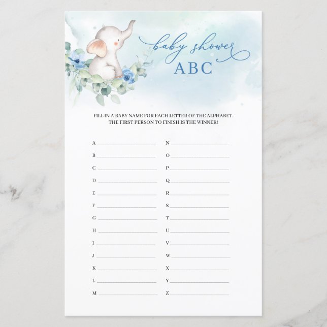 Lámina Baby Shower floral azul del elefante bebé de moda  (Anverso)