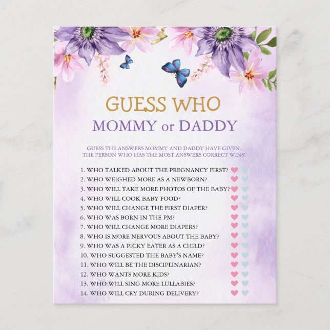 Lámina Baby Shower Game Purple Butterfly (Anverso)