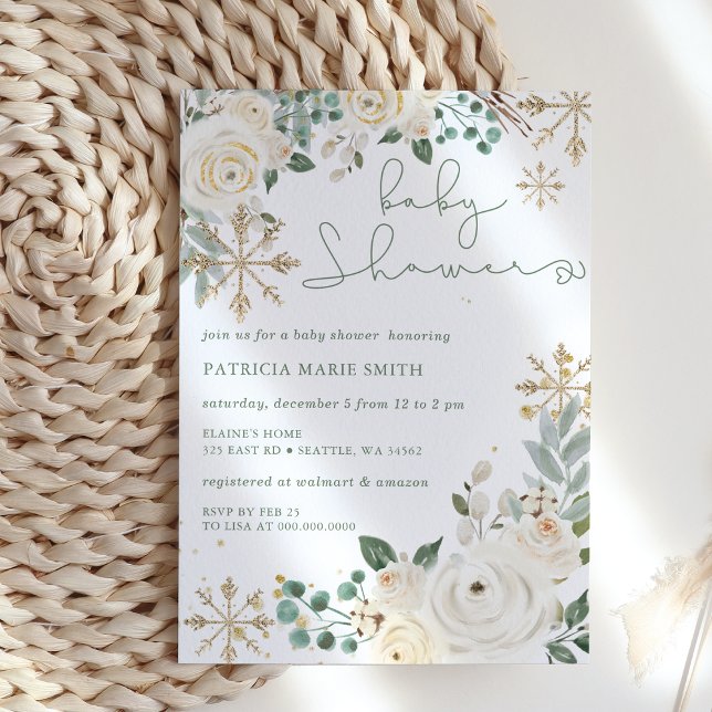Lámina Baby Shower neutral de género de Snowflake de pres (Christmas Winter Snowflake Floral baby shower Invitation)