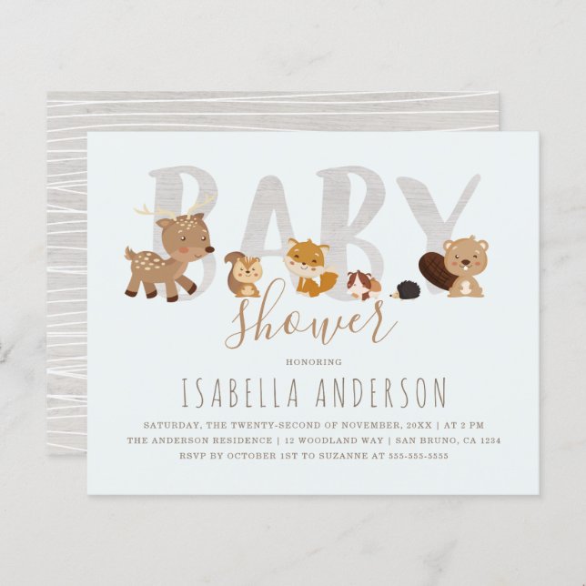 Lámina Baby Shower neutro para animales de bosque azul de (Anverso / Reverso)