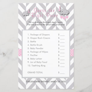 Lámina Baby Shower rosa y gris elefante - adivina el prec