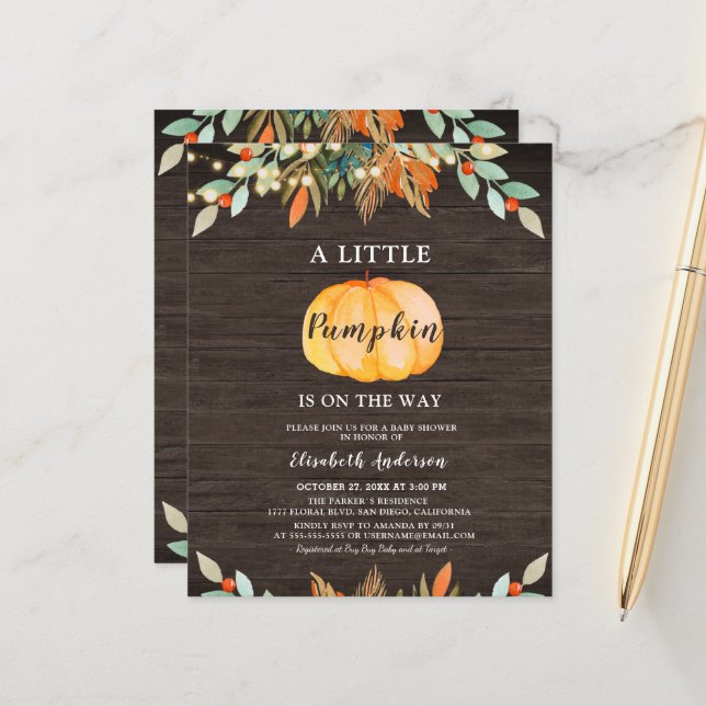 Lámina Baby Shower Rústica de la calabaza de Presupuestos (Anverso/Reverso In Situ)