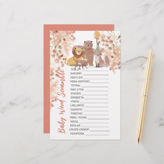 Lámina Baby Shower Scramble Boho Safari Pampas Rosa Grasa (Anverso/Reverso In Situ)