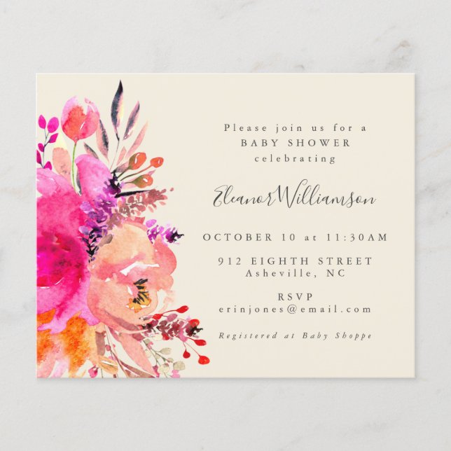 Lámina Baby Shower simple floral rosa brillante con presu (Anverso)