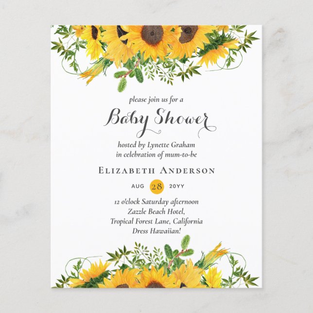 Lámina Baby Shower, tema de girasol ruso, invita al presu (Anverso)