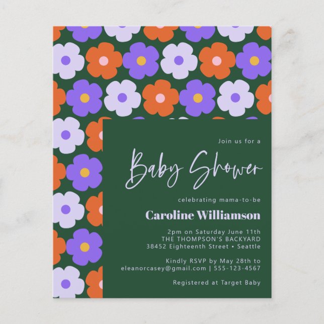 Lámina Baby Shower verde morado de flores retro de presup (Anverso)