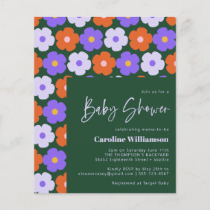Lámina Baby Shower verde morado de flores retro de presup