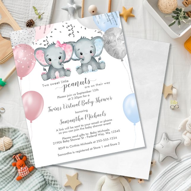 Lámina Baby Shower virtual de globo de elefantes de presu (Budget Elephant Twins Balloon Virtual Baby Shower)