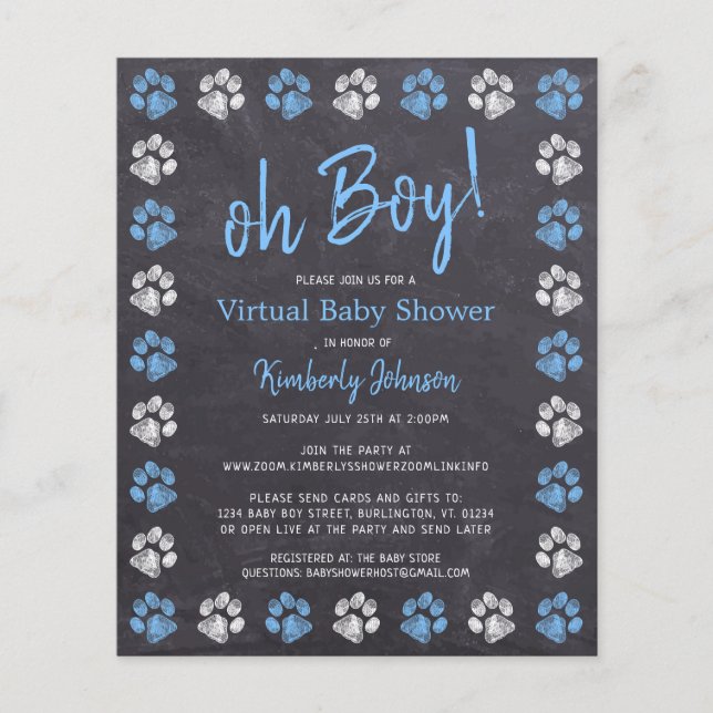 Lámina Baby Shower virtual de impresión de Blue Boy Paw d (Anverso)