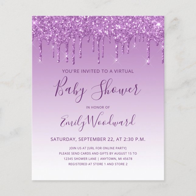 Lámina Baby Shower virtual de Purpurina púrpura de presup (Anverso)