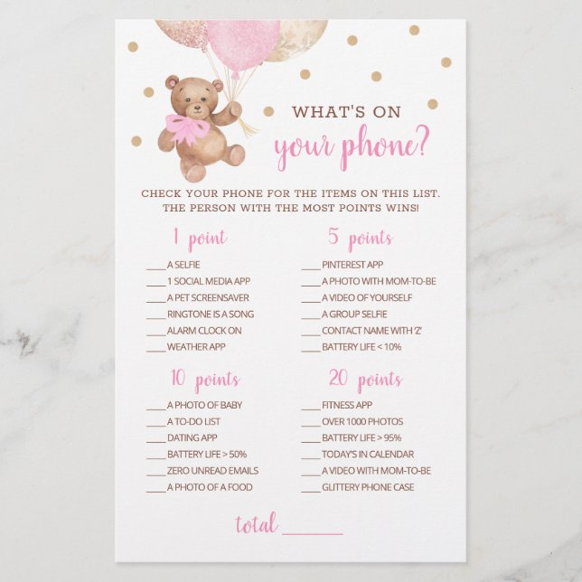 Lámina Baby Shower WHat's On Your Phone Game Teddy Bear (Anverso)