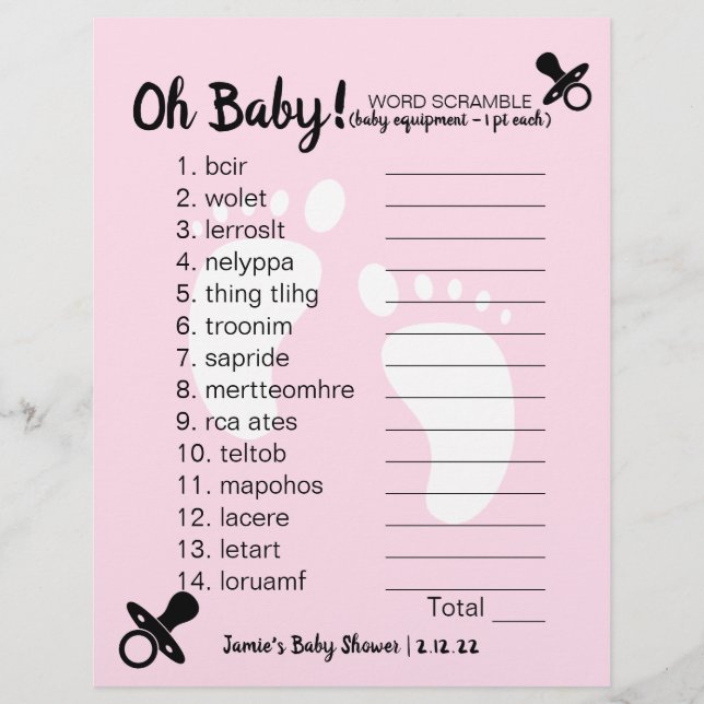 Lámina Baby Shower Word Scramble Pink (Anverso)