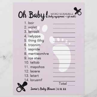 Lámina Baby Shower Word Scramble Purple