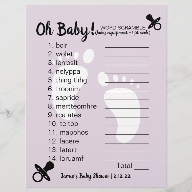 Lámina Baby Shower Word Scramble Purple (Anverso)