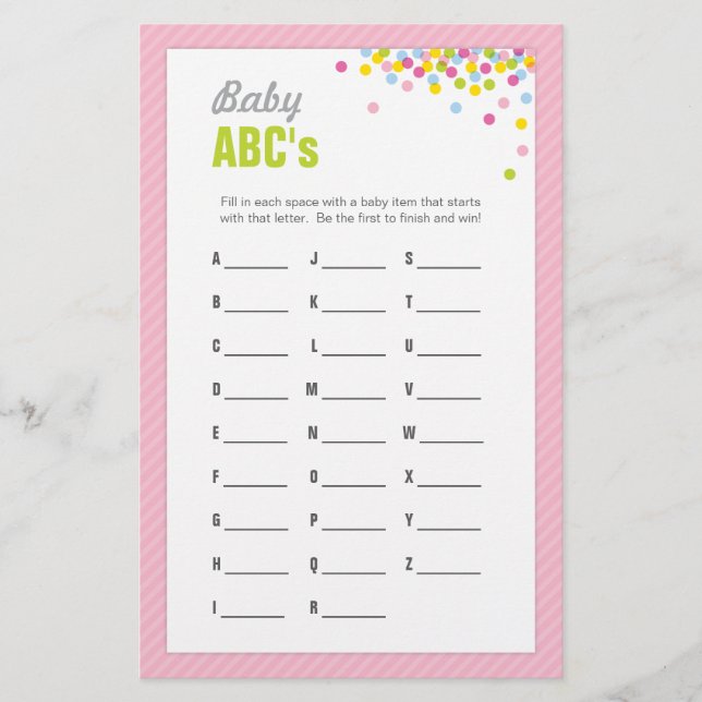 Lámina Baby Sprinkle / Baby Shower ABC Game - Pink (Anverso)