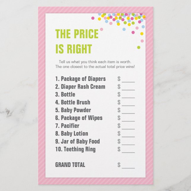 Lámina Baby Sprinkle / Baby Shower Price is Right - Pink (Anverso)