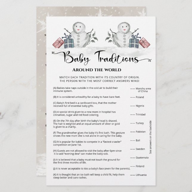 Lámina Baby Traditions Juego de Baby Shower Snowman (Anverso / Reverso)