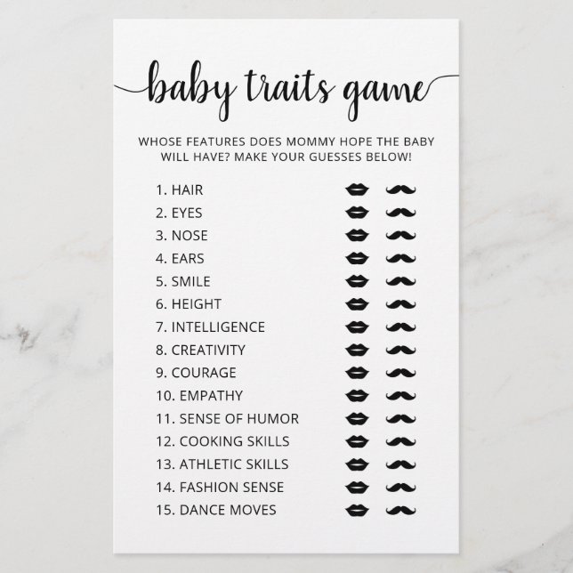 Lámina Baby traits game Baby Shower party Game card (Anverso)