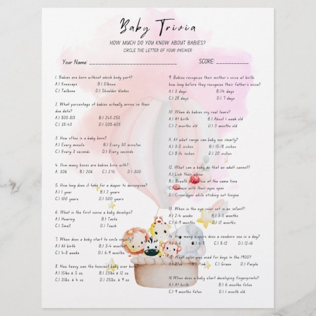 Lámina Baby Trivia Baby Shower Game (Anverso)