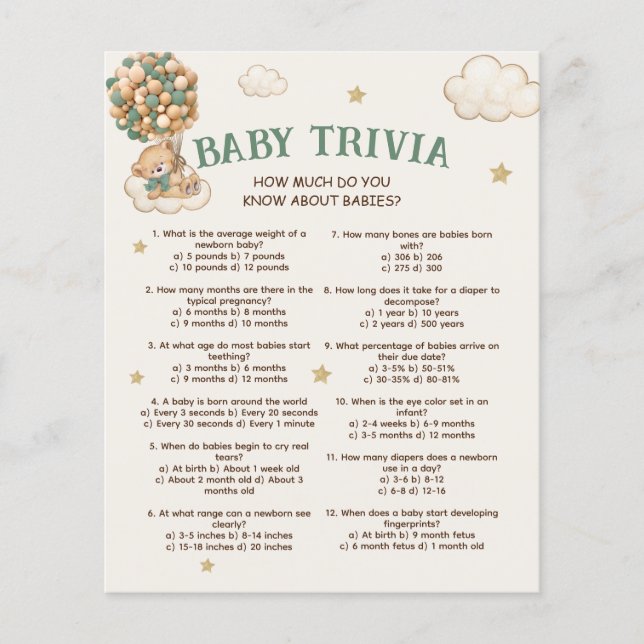 Lámina Baby Trivia Bear Balloons Juego de Baby Shower (Anverso)