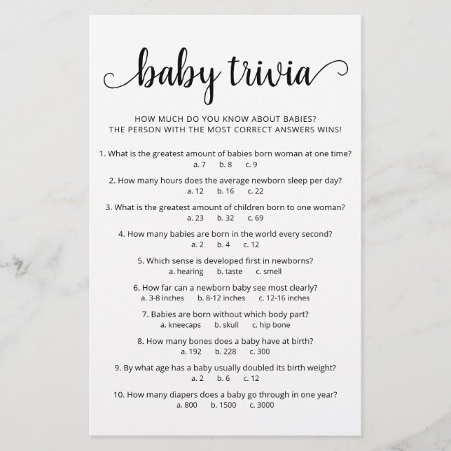 Lámina Baby Trivia Game con el fiesta de Baby Shower (Anverso)