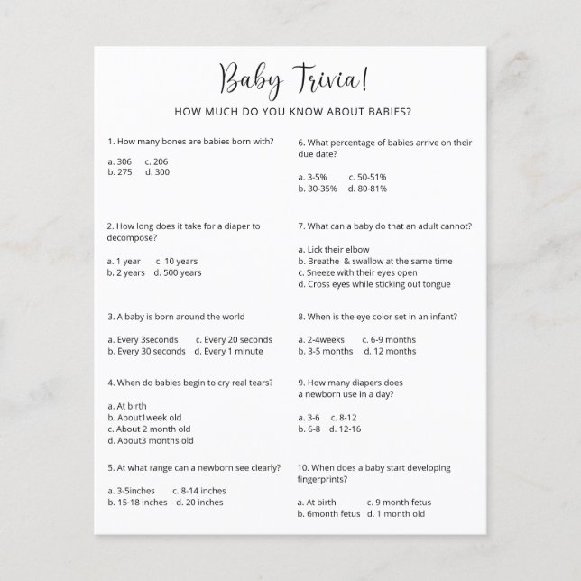 Lámina Baby Trivia | Juego Baby Shower (Anverso)