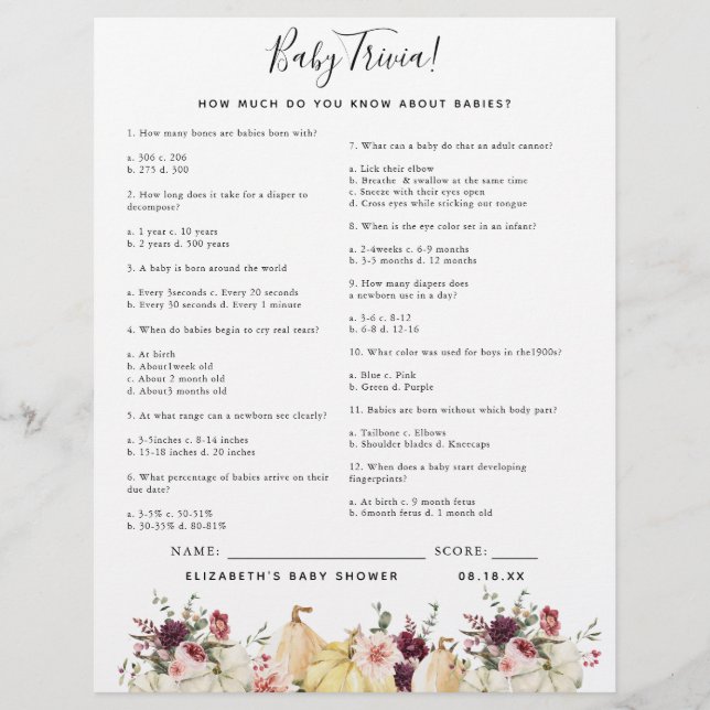 Lámina Baby Trivia | Juego Baby Shower (Anverso)