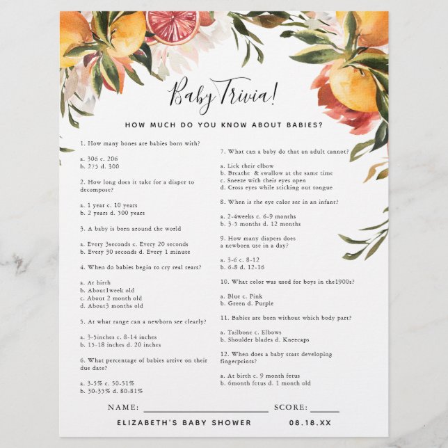 Lámina Baby Trivia | Juego Baby Shower (Anverso)