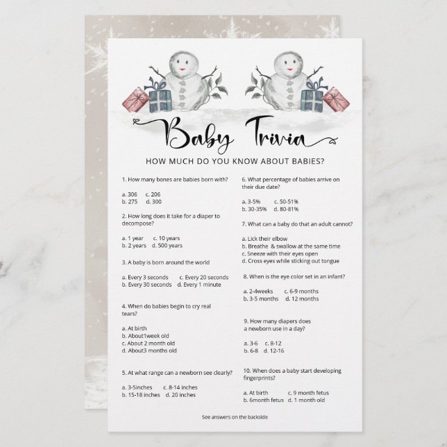 Lámina Baby Trivia Snowman Baby Shower (Anverso / Reverso)