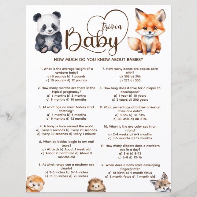 Lámina Baby Trivia Woodland Animals Juego de Baby Shower (Anverso)