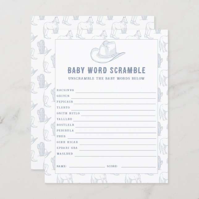 Lámina Baby Word Scramble Cowboy Baby Shower (Anverso / Reverso)