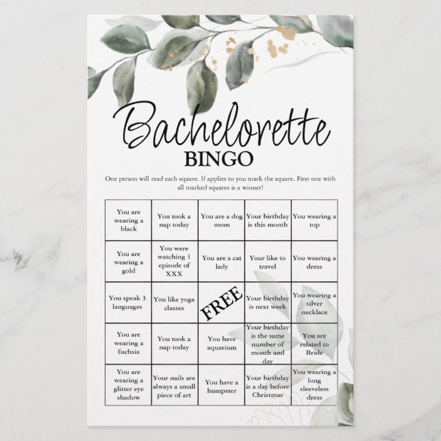 Lámina Bachelorette Bingo verde juego de novias (Anverso)
