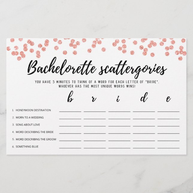 Lámina Bachelorette Scattergories editable Juego de novia (Anverso)