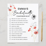 Lámina Bachelorette Scavenger Caza Flores Rojas<br><div class="desc">¡Bonito juego de caza de scavenger para la soltera del personalizable! Puedes personalizarlo con los desafíos de tu juego y el nombre de la novia.</div>