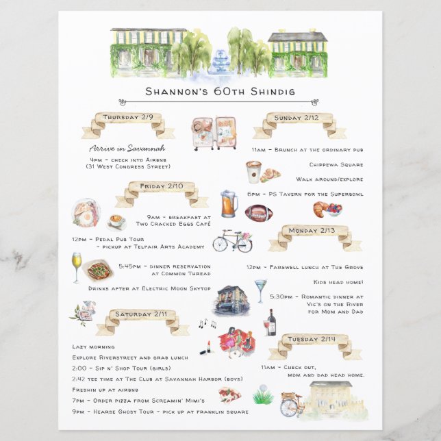 Lámina Bachelorette Weekend Itinerary | Savannah, Georgia (Anverso)