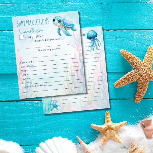 Lámina Bajo el consejo de predicciones de bebés azules de (Under the sea turtle aqua blue baby predictions and advice for new parents baby shower game cards)