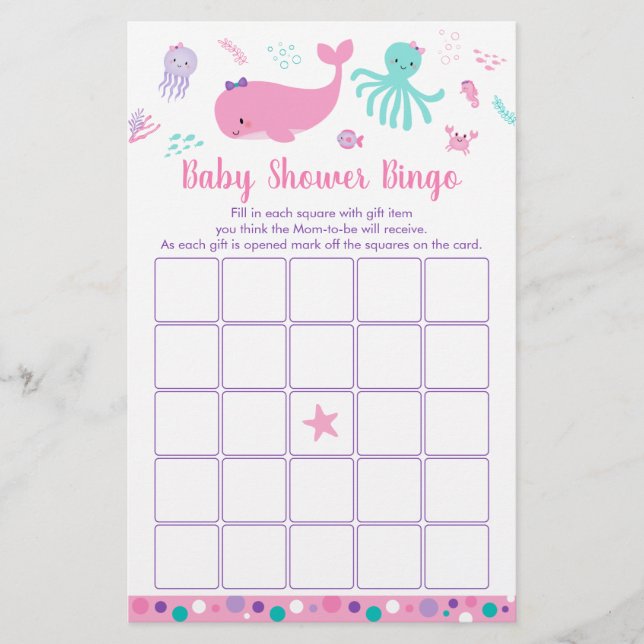 Lámina Bajo el juego de bingo de Baby Shower Pink Purple (Anverso)