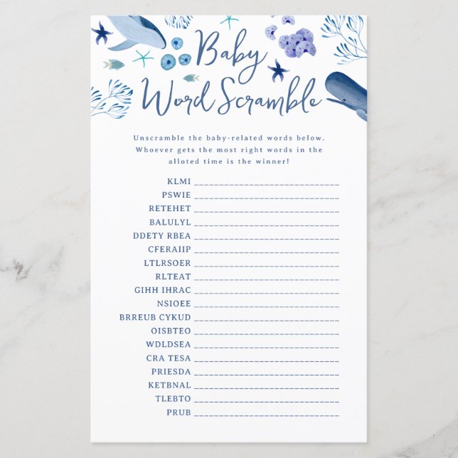 Lámina Bajo el mar Azul Niño Ballena Palabra de bebé (Anverso)